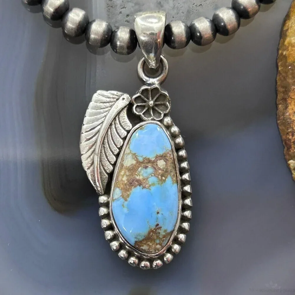 Sterling Silver Southwestern Style Golden Hill Turquoise Leaves Pendant #4